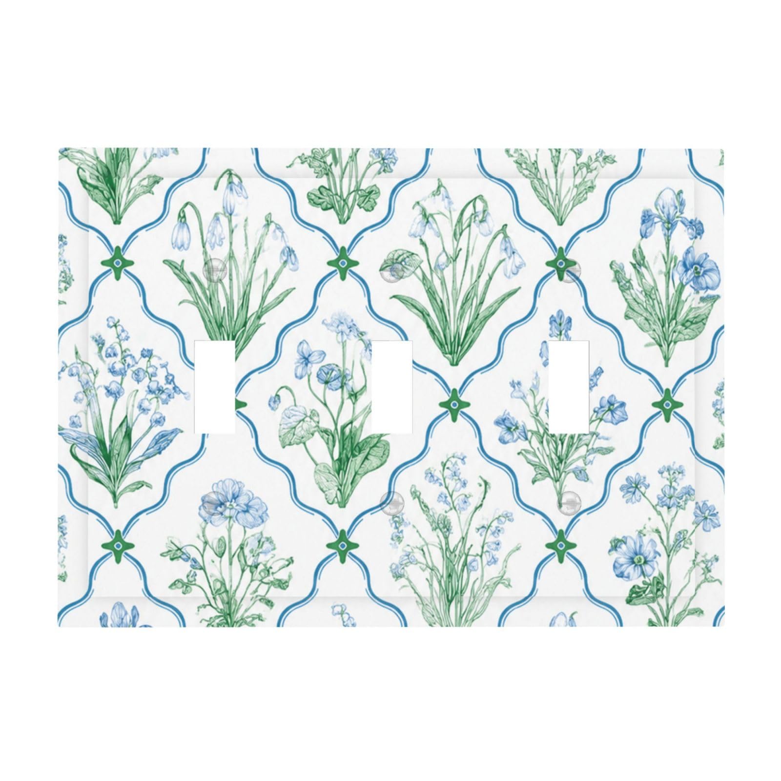 DWBGUO Decorative Light Switch Plate Covers Vintage Blue Green Botanical Wildflower Grid 3 Gang Artistic Wall Plate Unique Triple Toggle Light Switch Covers for Farmhouse Kitchen Decor