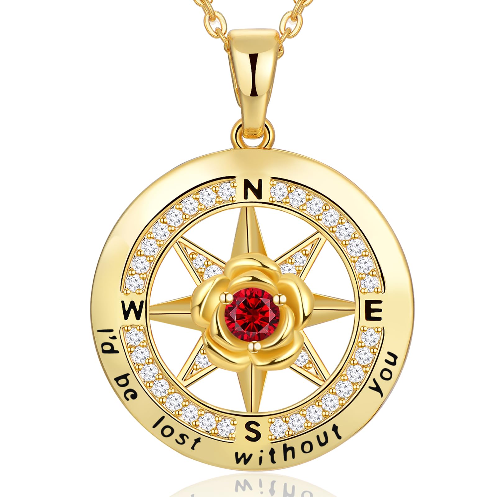 18K Gold Plated Compass Necklace for Women, Birthstone Jewelry for Woman Her Girlfriend Mom Daughter Sister, I'd be Lost Without You