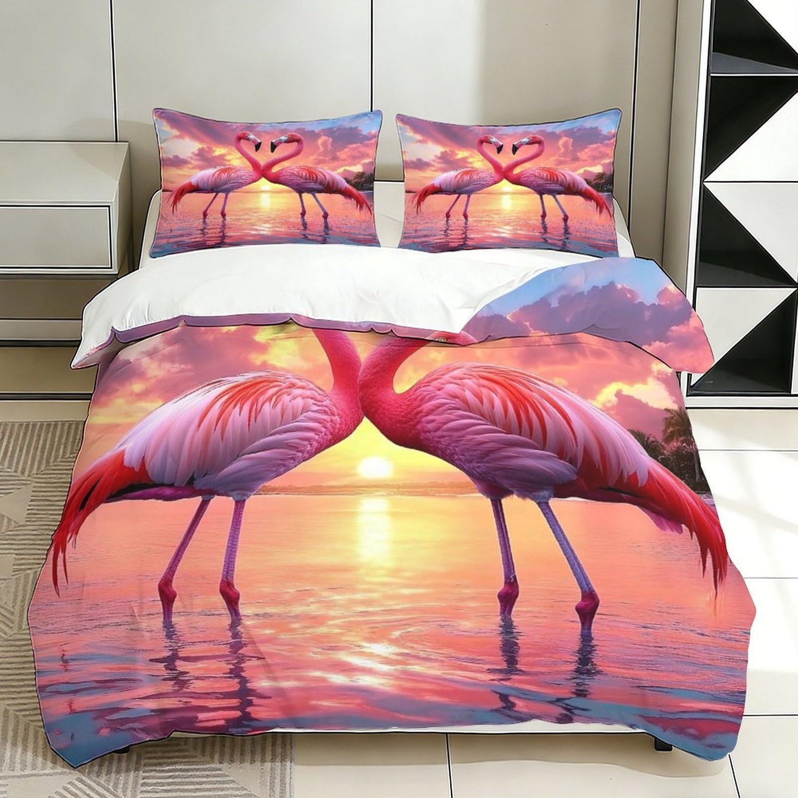 Flamingo-Pärchen Bettwäsche-Set, Tropical Sonnenuntergangsszene 3D-Bedruckt, Mit Kissenbezügen Bettbezüge Microfaser Für Erwachsene Kind Super King（260x220cm）