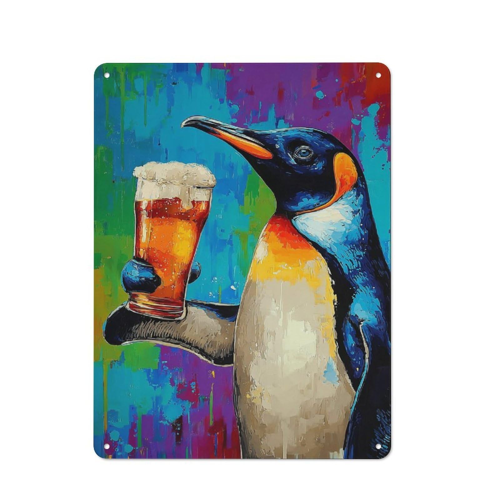 Junmoney Penguin With Beer Metal Wall Sign 40X30cm Featuring For Café Or Restaurant, A Decorative Metal Sign For Cafés And Restaurants