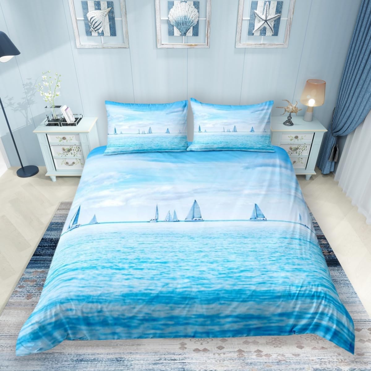 Feelingyou Boys Multi 16 Blue Ocean Theme Bedding Set S King Size,Sailboat Print Duvet Cover Set For Kid Teen Girls,Nautical Theme Comforter Cover Decorative Room,Sky Clouds Quilt Cover With 2 Pillowcases