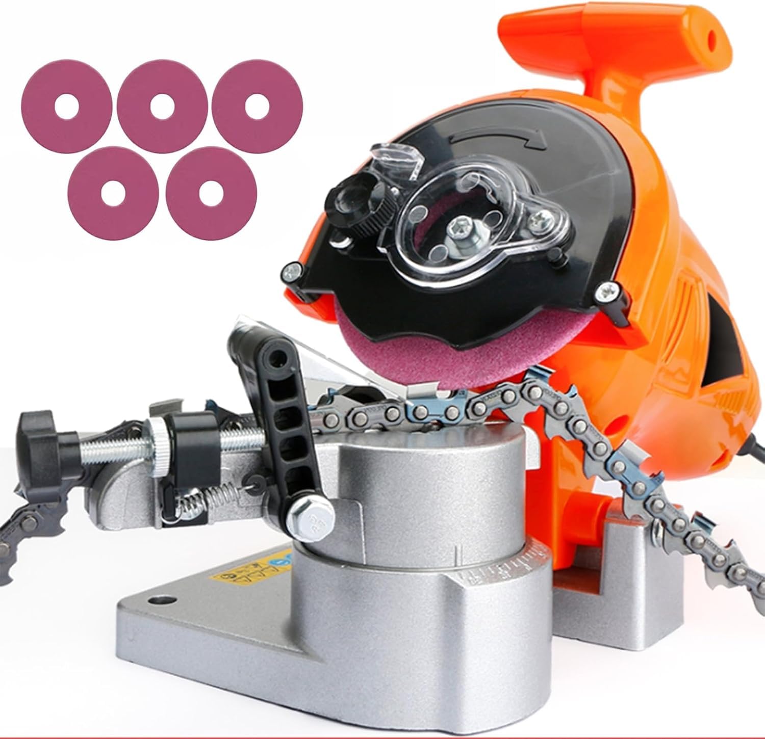Afilador eléctrico de Motosierra de 250 W - Amoladora de Banco portátil de 8400 RPM, afilador de Cuchillas multiángulo con 5 muelas abrasivas para Uso Profesional y doméstico.