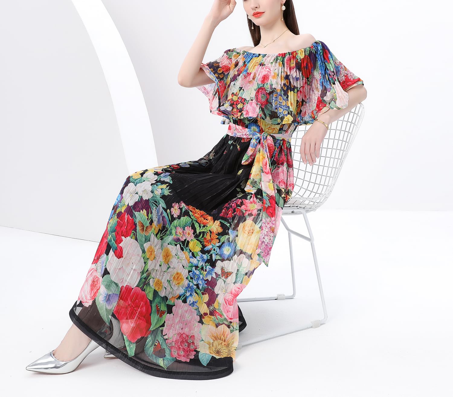 Elegante vestido largo con hombros descubiertos y estampado floral para mujer, para verano, casual, playa, vestido largo
