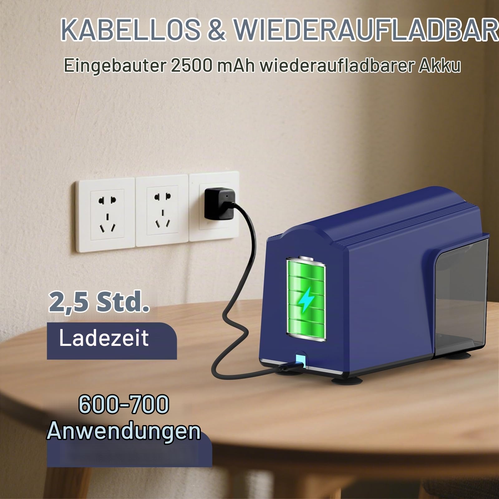 AFMAT Elektrischer Anspitzer mit Behälter, 6 Löcher Große Spitzer mit Dose für 6-11mm Dicke und Dünne Stifte, Wiederaufladbar Robust Autostopp Bleistiftspitzer für Büro Schule Künstler,Blau PSD4