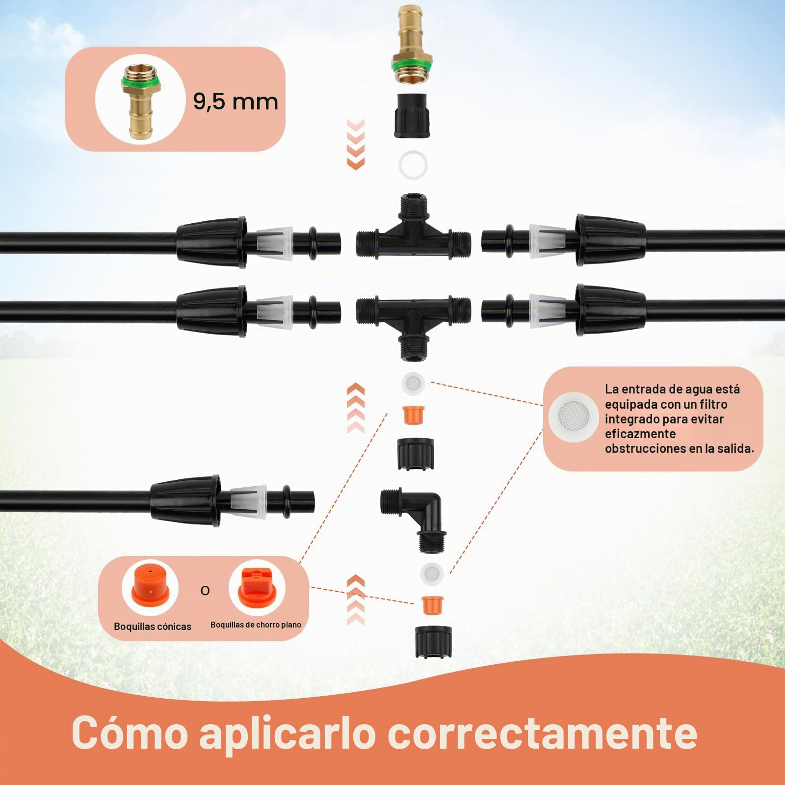 Barra de pulverización de poli 4 boquillas con conexión de latón de 1/4", barra de pulverización equipada con dos tipos de boquillas, longitud DIY de hasta 74,8" (1,9 m) para riego de tractor en