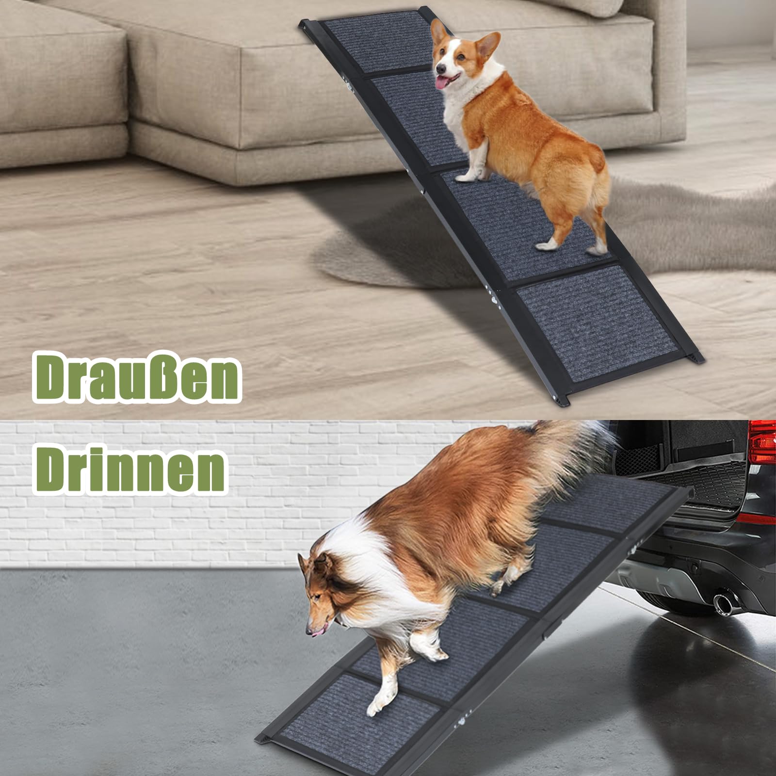 SMONTER 180cm Extra Long Hunderampe Auto klappbar mit High Traction Teppichoberfläch, einstiegshilfe Hunderampe für Autos, LKWs und SUV Stabil Rampe Hund für Große Und Mittel Hunde, Schwarz