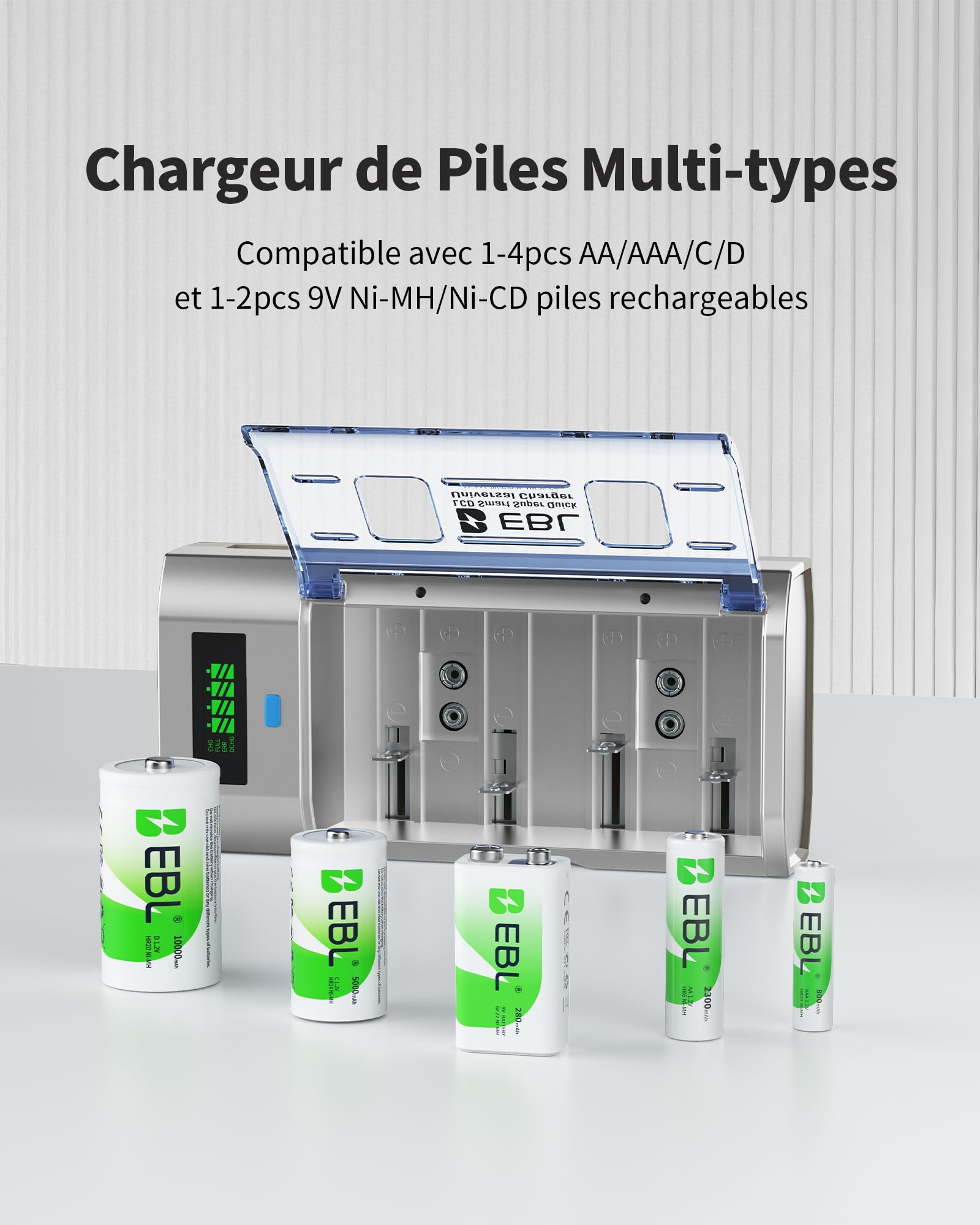 EBL Universel Chargeur de Piles, pour AA/AAA/C/D/9V Piles Rechargeables | 4+2 Slots, Écran LCD, pour AA/HR6, AAA/HR03, C/HR14, D/HR20 et 9V Ni-MH Ni-CD, avec Fonction de Décharge