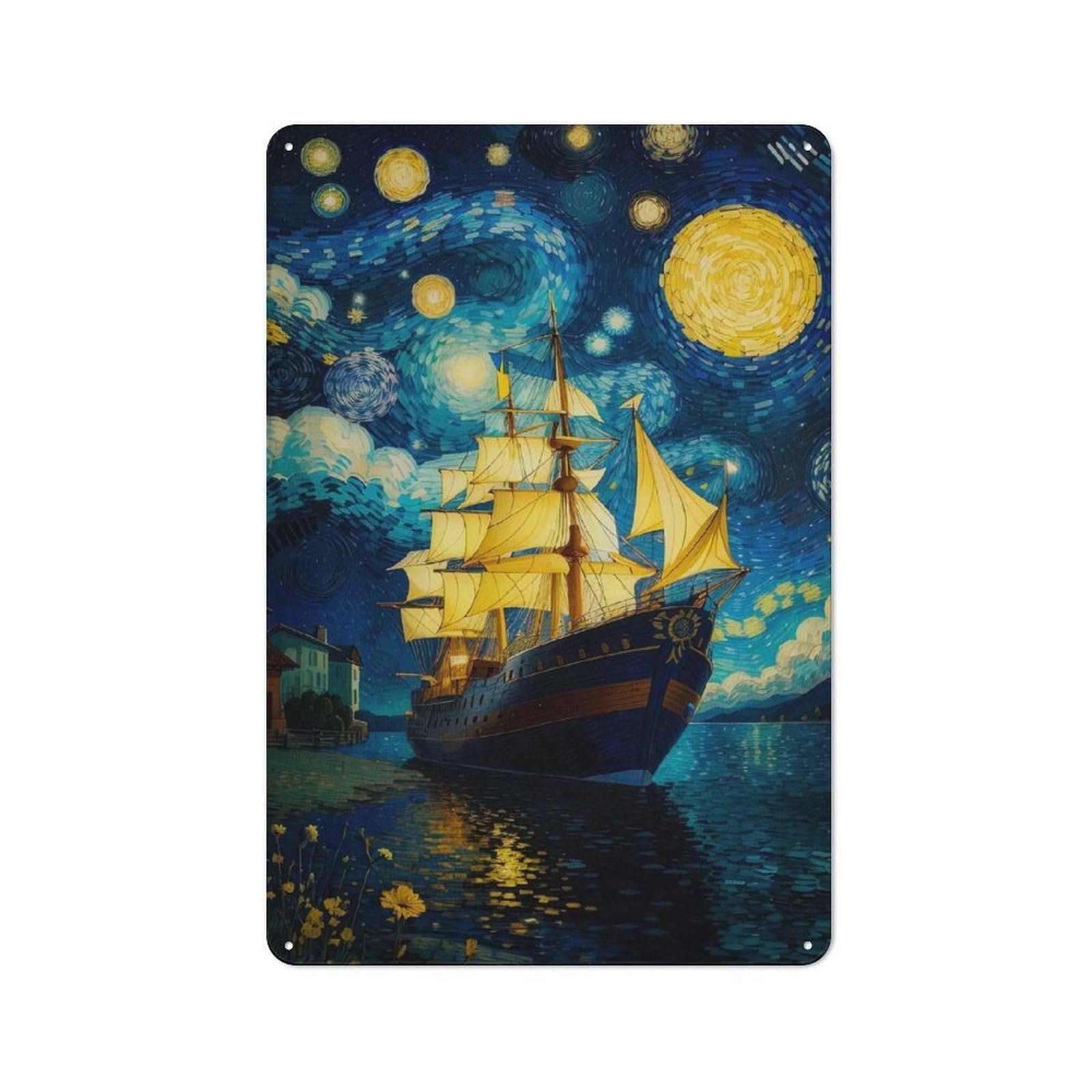 Junmoney Pirate Ship Vangogh Vintage Metal Wall Decor 30X20cm, Tin Sign For Cafe, Pub, Workshop Or Home Bar, For Casual British Interiors