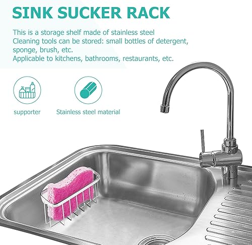 Miniatura 8 de Soporte de esponja para fregadero de cocina, estante de drenaje con ventosa de acero inoxidable estante de almacenamiento para fregadero encimera