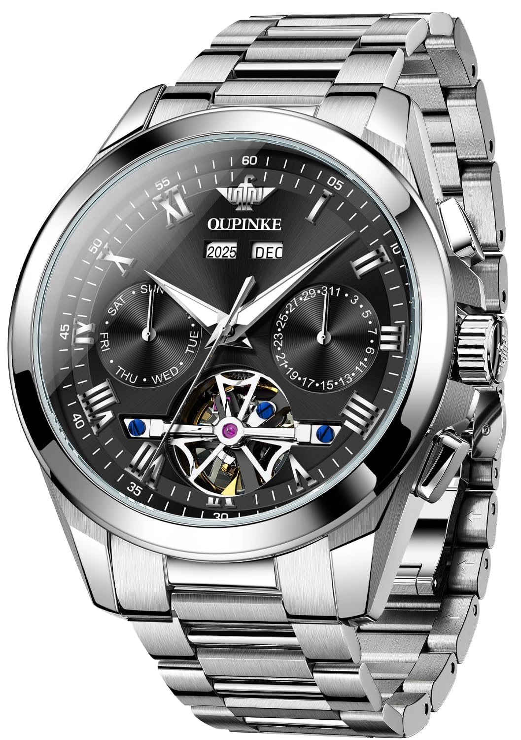 OUPINKE Watch for Men Automatic Wristwatch Sapphire Crystal Calendar Skeleton Luminous 3D Dial with 5ATM Waterproof Luxury Tungsten Steel Strap