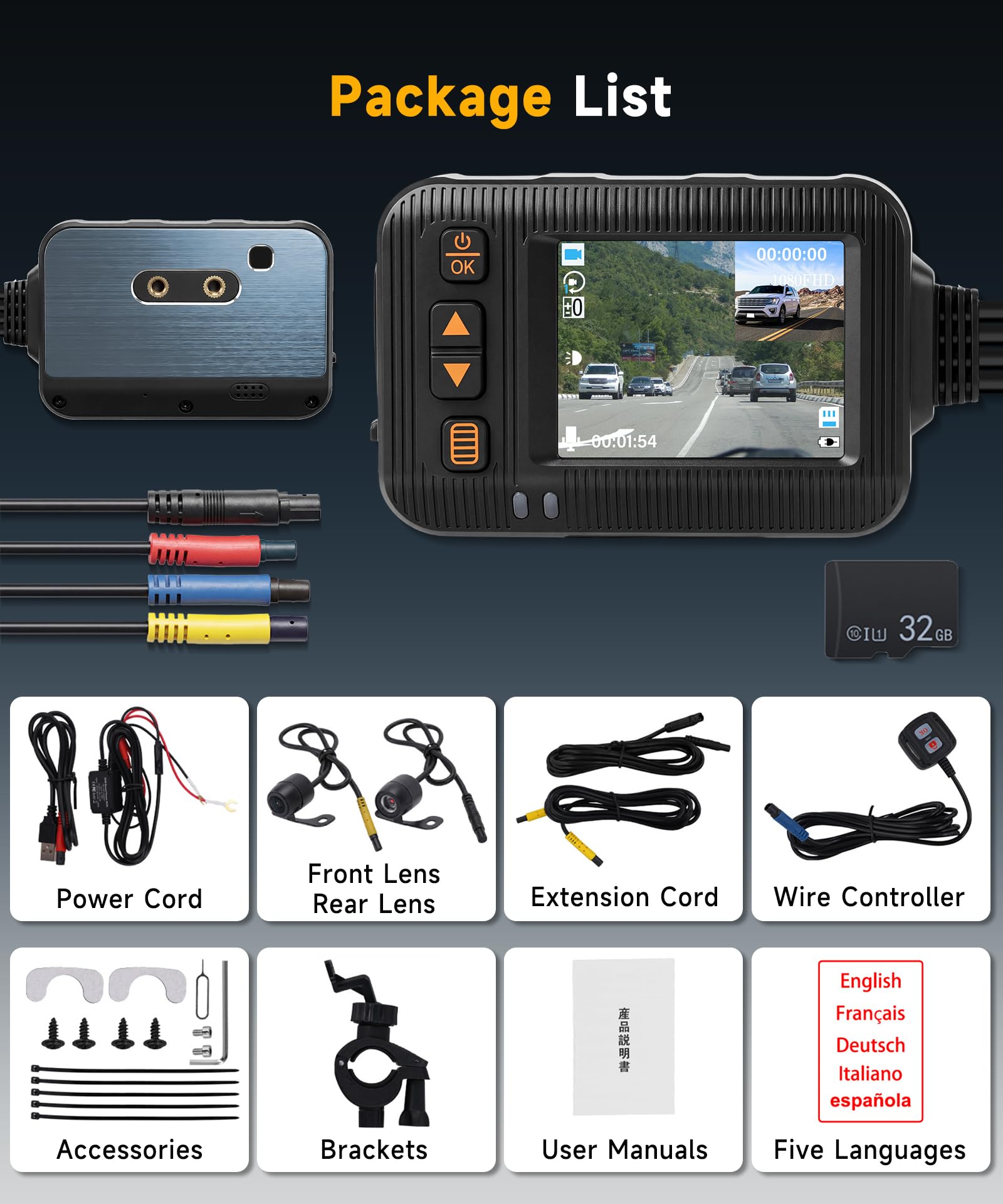 Hodozzy 2 Pouces 1080P Dashcam pour Moto, avec Vision Avant et Arrière, Etanchéité IP65, Enregistrement en Boucle, Surveillance Stationnement, Capteur G, Commande Filaire, Carte TF 32G