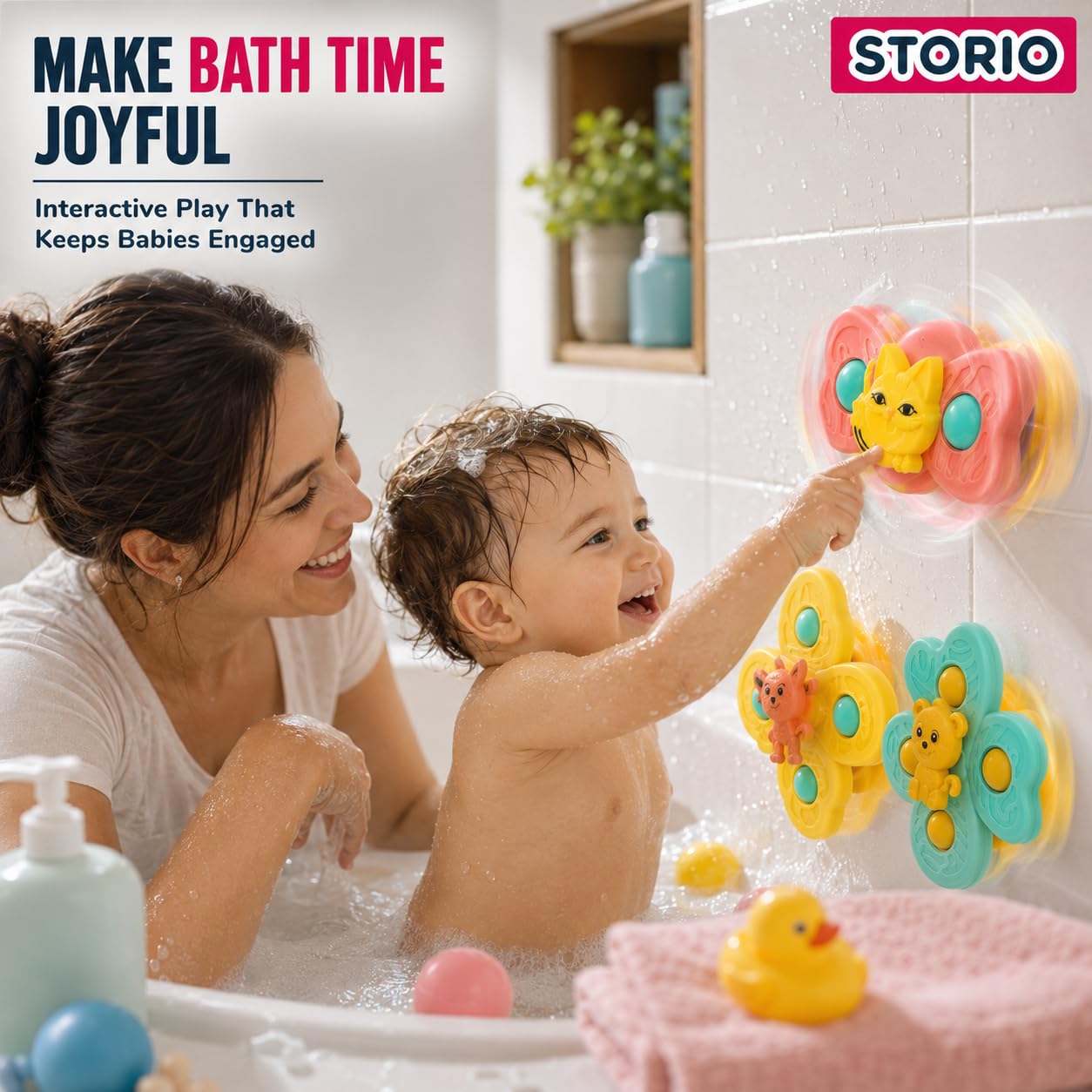 Storio Baby Products Bath Toys Suction Cup Spinner Toy | Set of 3 | for Baby Boys Girls | Pop up Waterproof Suction Cup Spinning Top Rotating Montessori Learning Toy 2