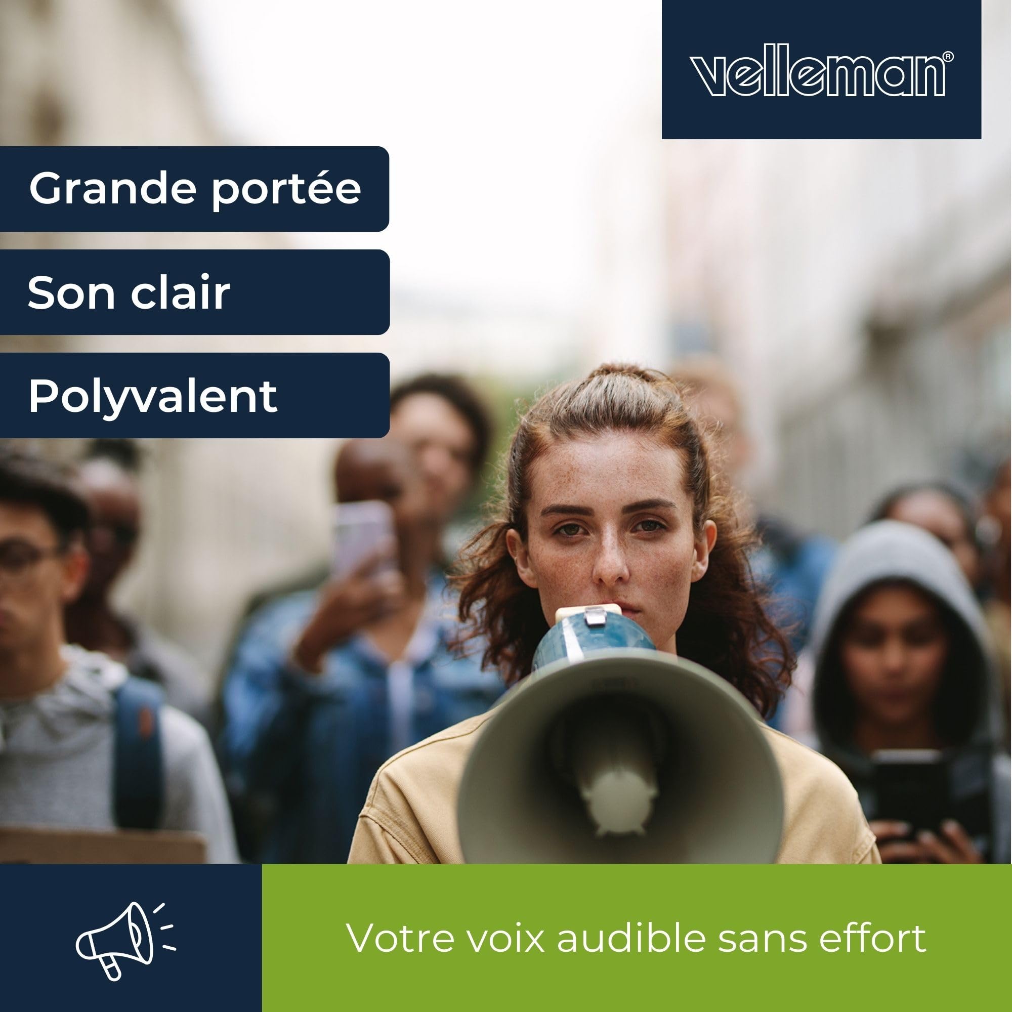 Velleman Mégaphone 25W avec sirène, Son sifflet, Micro détachable, réglage du Volume, Sangle, Design ABS Portable, portée 500m, Niveau sonore 92dB, Gris/Noir/Bleu