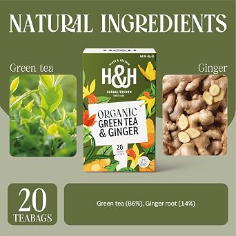 Heath & Heather - Organic Green Tea with Ginger • Invigorating Herbal Fusion with a Zingy Kick • Antioxidant-Rich • Vegan • 20 Tea Bags