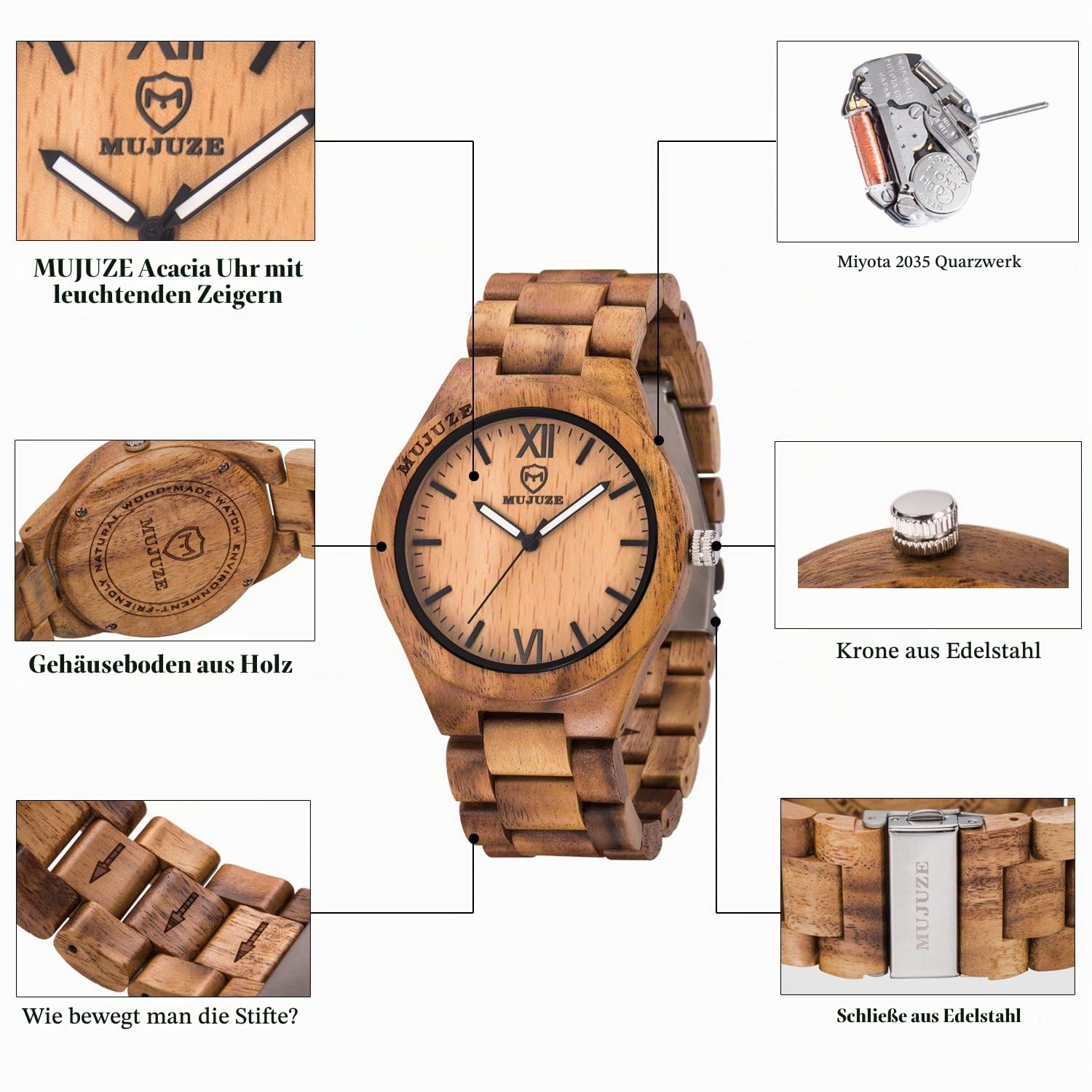 MUJUZE Holz Armbanduhr Herren Damen Holzuhr Analoge Quarz holzarmbanduhren mit Sandelholz Band und Leuchtendem Zeiger Herrenuhr Holzuhren