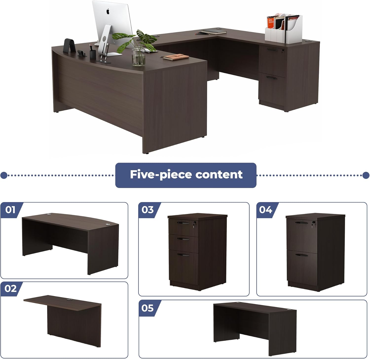66.93'' U-Shaped Executive Office Desk with Locking File Cabinets, Commercial-Grade Workstation with Cable Management, Heavy Duty Executive Office Furniture, Espresso