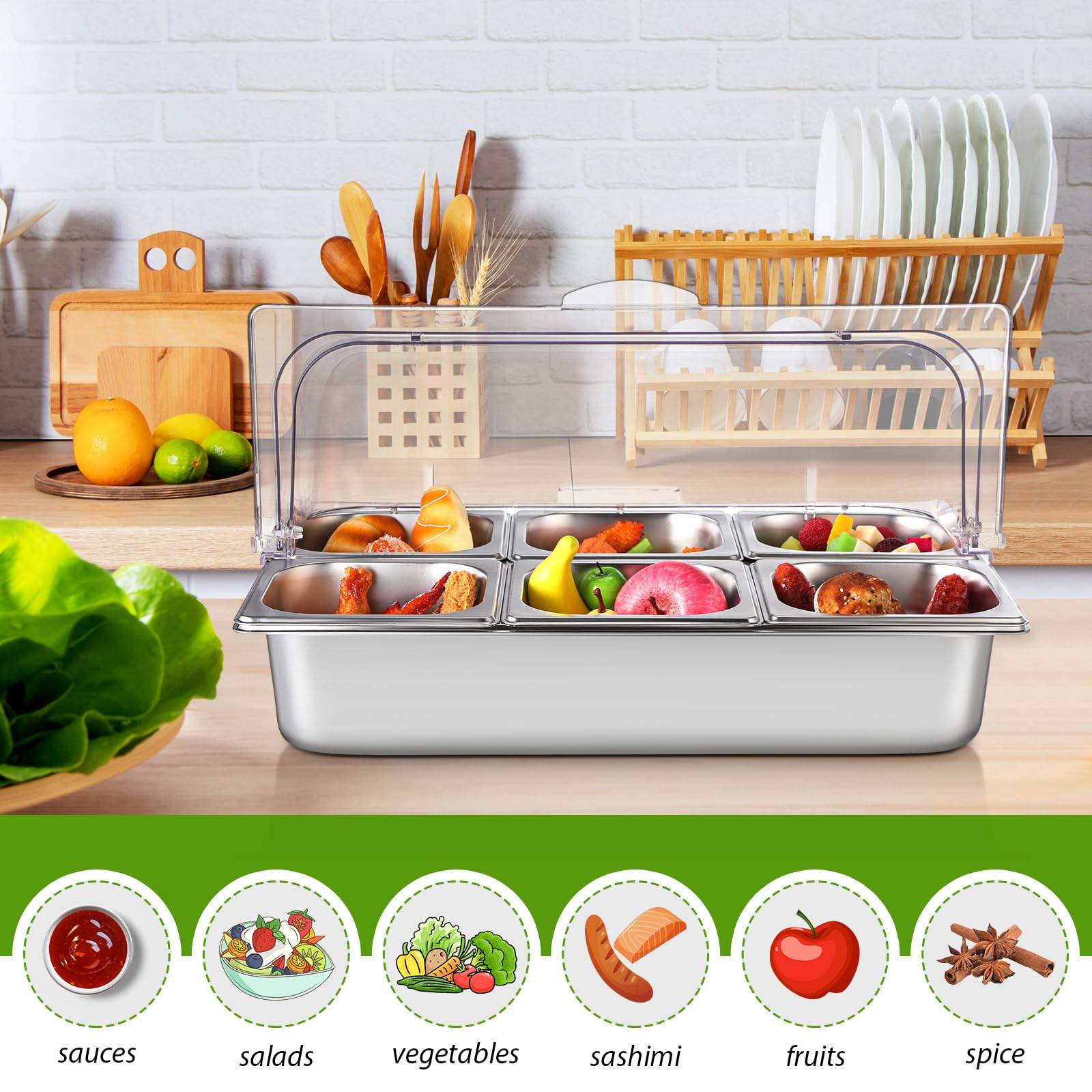 Expositor de acero inoxidable para servir buffet de 6 sartenes con cubierta superior enrollable transparente de 21 x 13 x 11 pulgadas, dispensador de condimentos y estante de alimentos refrigerado por
