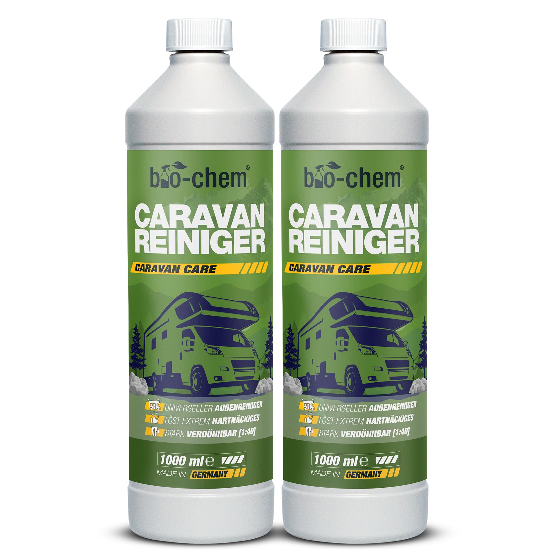 Bio-Chem środek do czyszczenia przyczep kempingowych i kamperów, bardzo mocny koncentrat, 2 x 1000 ml, środek czyszczący do przyczep kempingowych, przystawek namiotowych, środek do usuwania smug deszczu – Made in DE