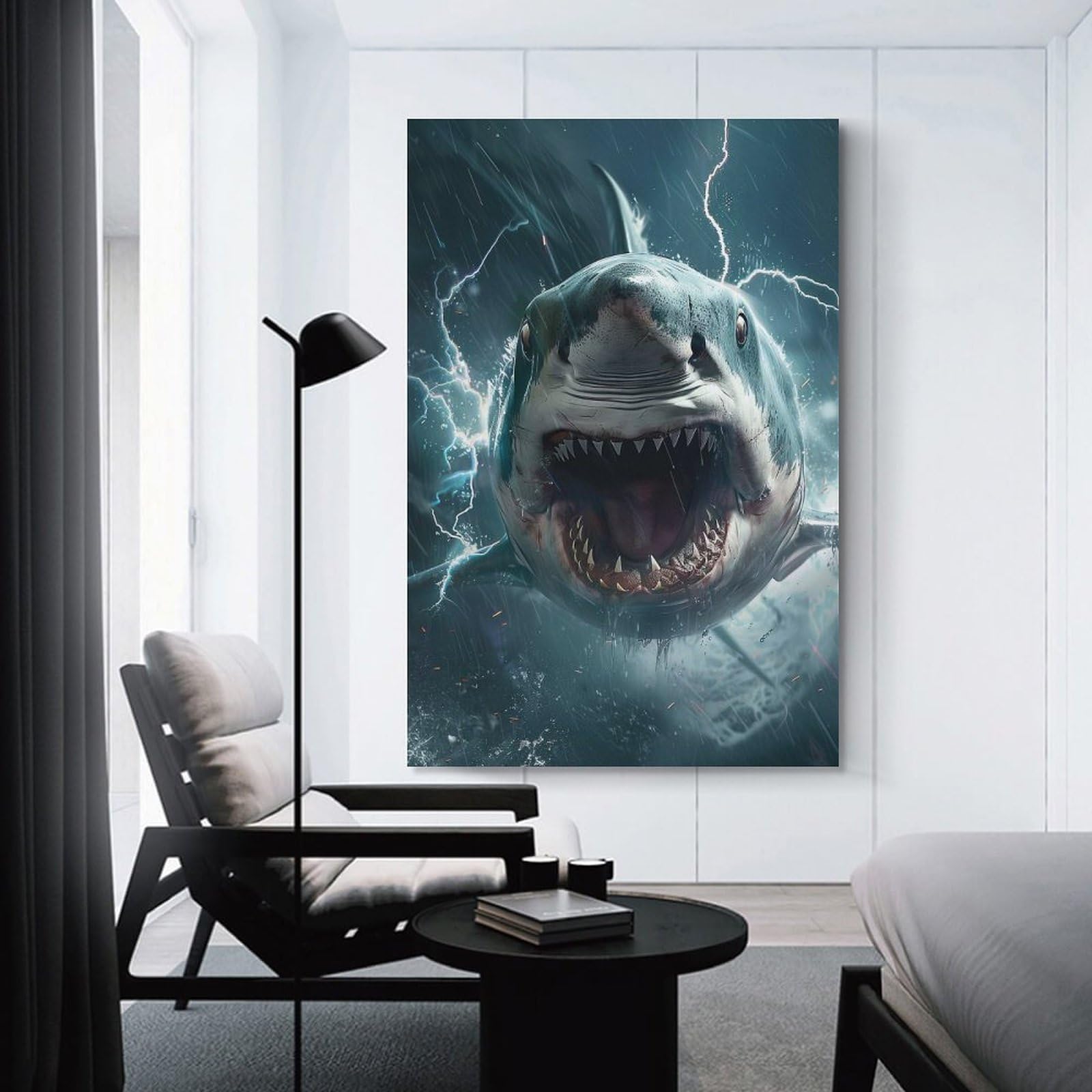 Junmoney Shark Lightning Wall Art Print, 24x36inch(60x90cm), for Wall Displays, Bedrooms Or Room Updates, A Versatile Canvas Print for Layering