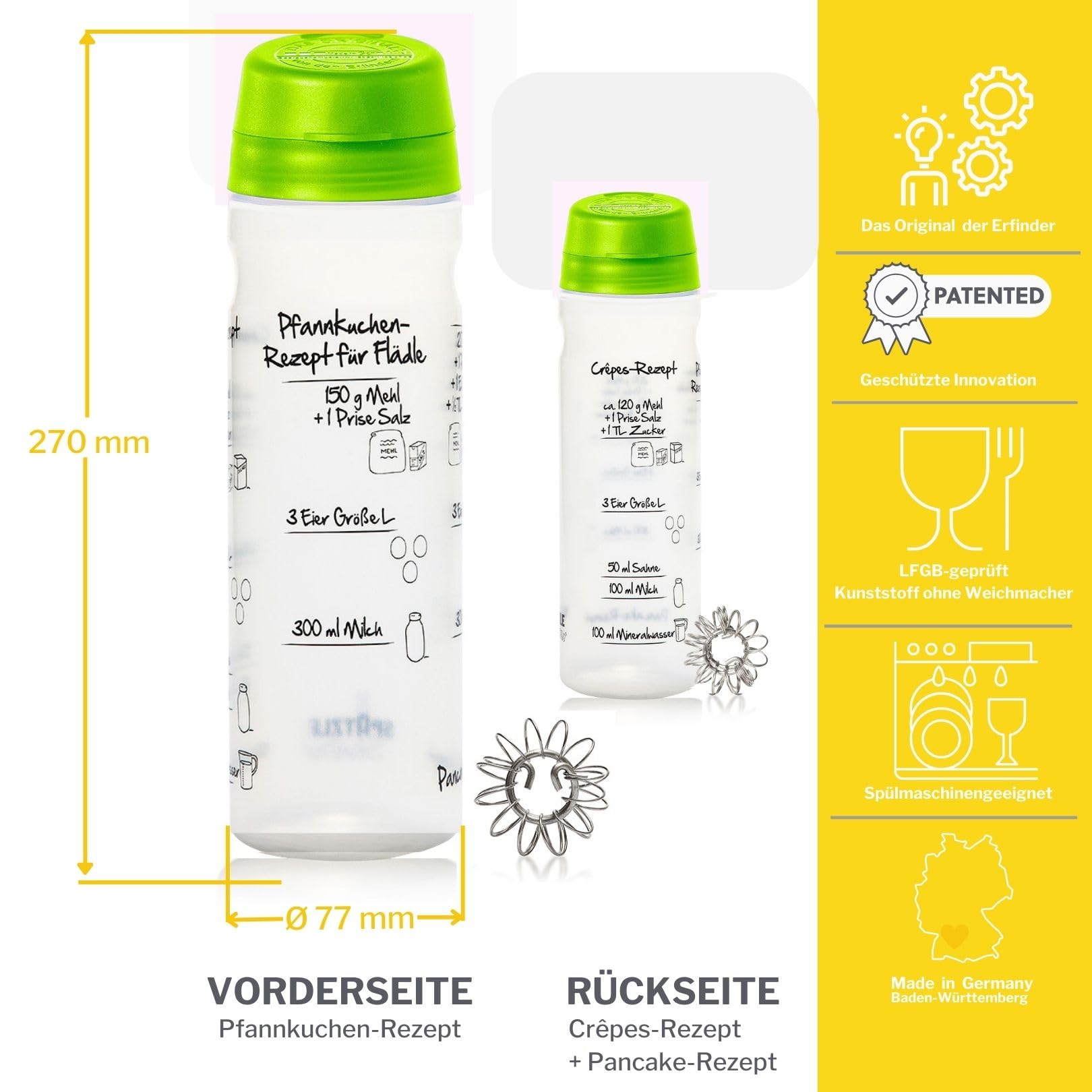 FOOD-SHAKER-SET mit 875ml-Pfannkuchen-Shaker + 4-Portionen-Spätzle-Shaker Teigmixer mit Spätzlepresse und Portionierer Patentiert Made in Germany in der Farbe GRUEN