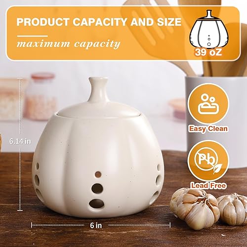 Miniatura 4 de BosilunLife Contenedor de ajo para mostrador  Contenedor de ajo con tapa, soporte grande de cerámica para cocina, soporte de ajo para encimera para