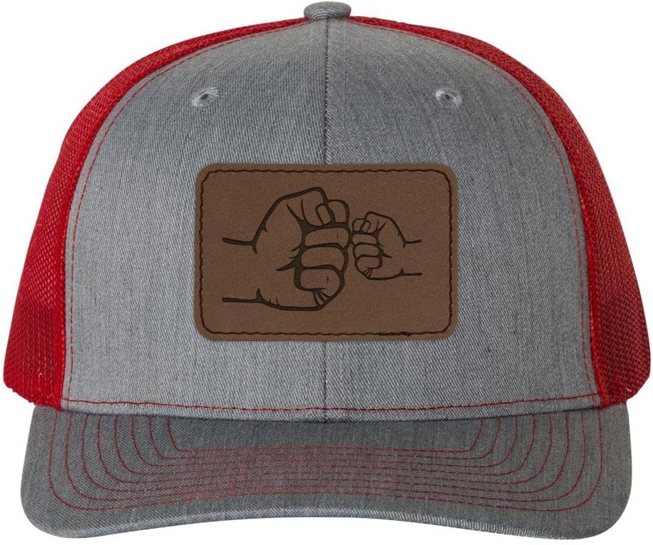 TeesAndTankYou Dad Fist Bump Mesh Back Trucker Cap Engraved Faux-Leather Patch Adjustable Hat