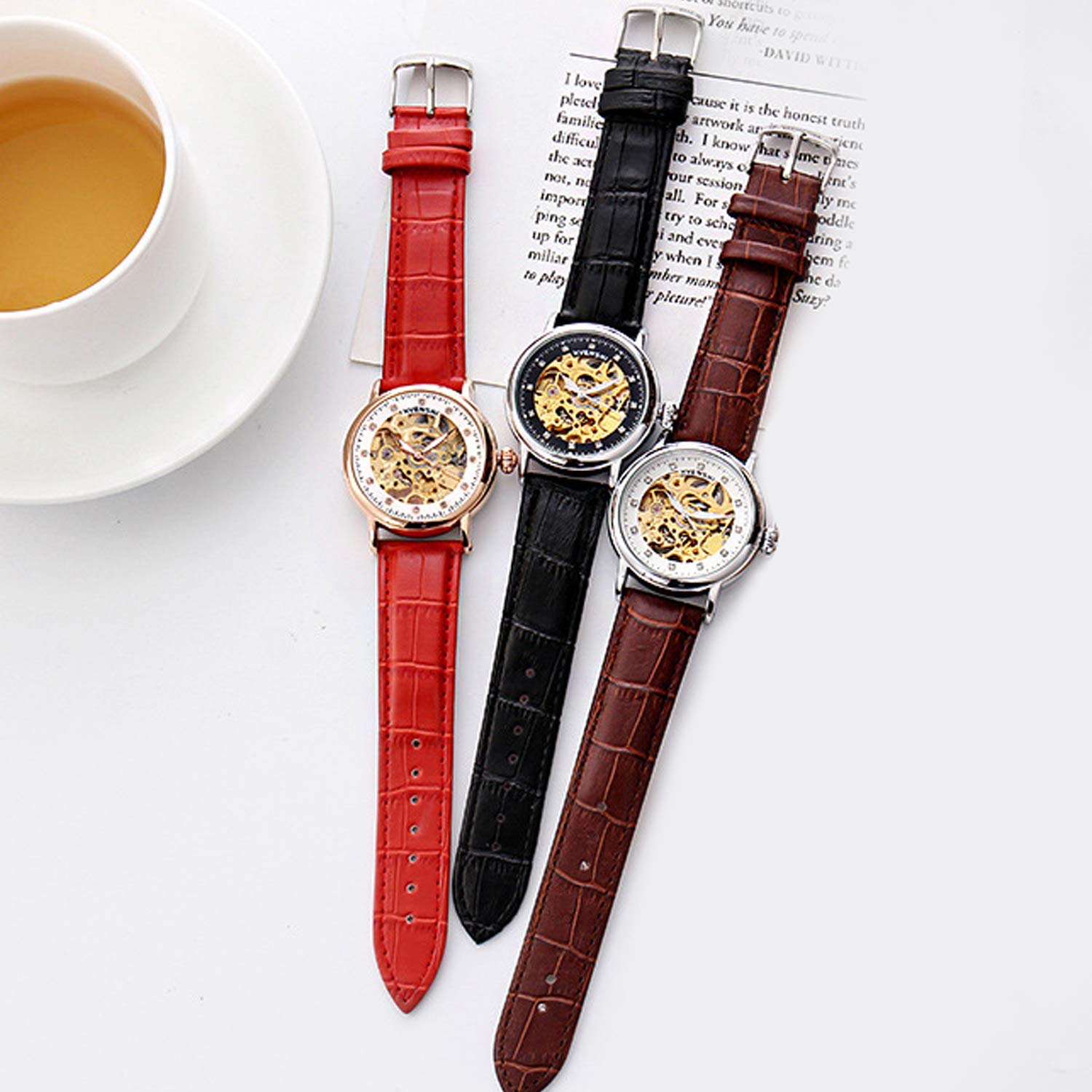 RORIOS Mechanische Armbanduhr, automatisch, für Damen, Leuchtend, Diamant, simuliert, Skelett, Damen Uhren
