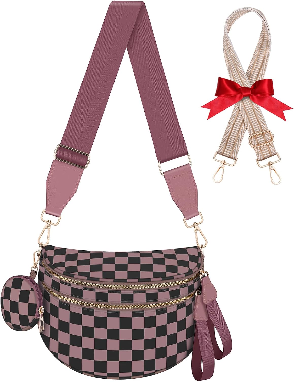 Bum Bags for Women Checkered Crossbody Bag Large Nylon Belt Purse Fanny Packs, Bonus with a Extra Strap