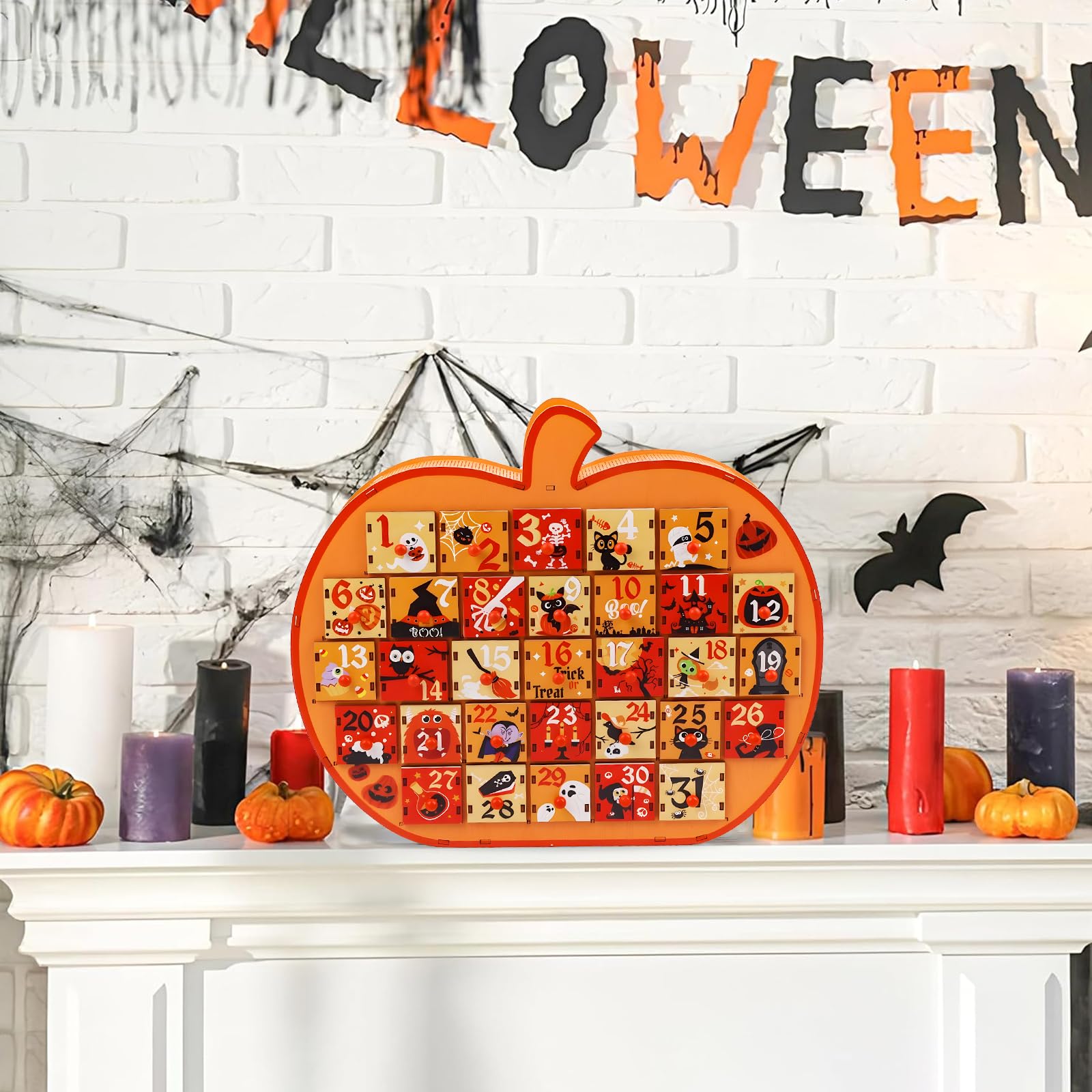 FOIMAS Calendario de Adviento de Halloween, caja de calendario de Adviento de madera con cuenta regresiva de calabaza de 31 días con cajones de almacenamiento para decoración de fiesta de Halloween