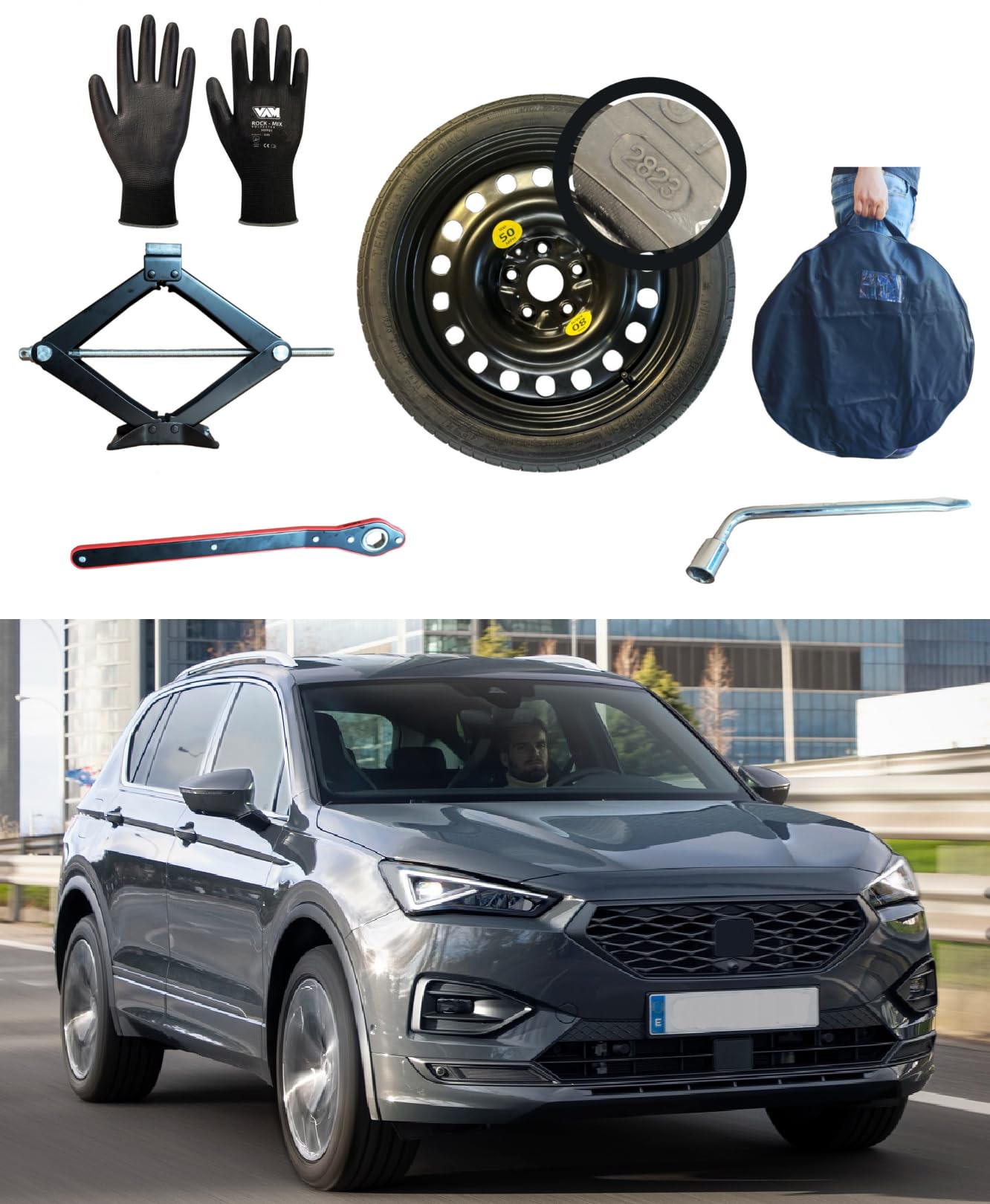 Ersatzrad-Set, 43,2 cm (17 Zoll), kompatibel mit Seat Tarraco mit Wagenheber, Schlüssel, Handschuhe und Tasche