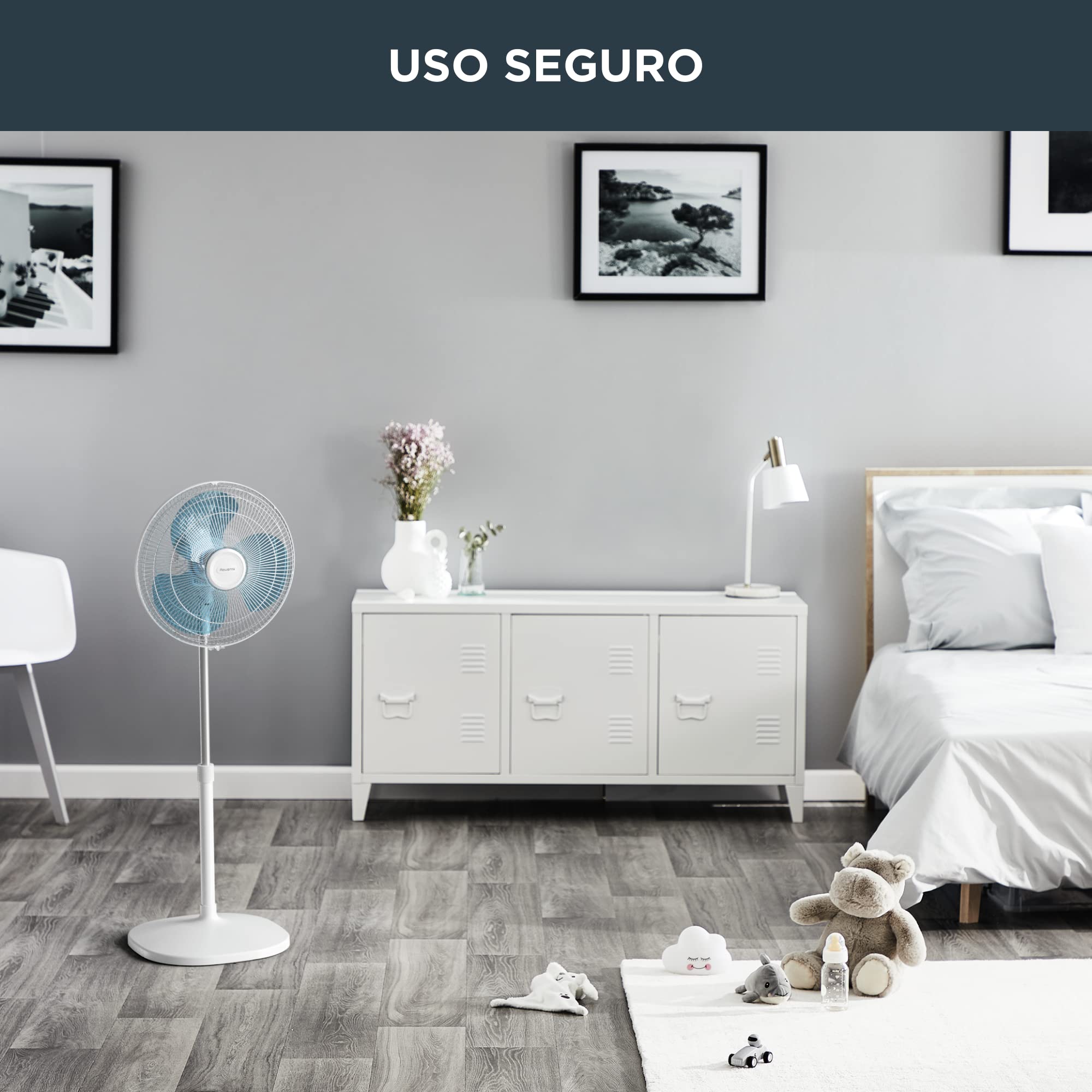 Rowenta Essential+ Ventilador de Pie Silencioso - Oscilación Automática, 3 Velocidades, Flujo de Aire 55 m³/min, Altura Ajustable hasta 140 cm, Bajo Consumo, Blanco (Reacondicionado)