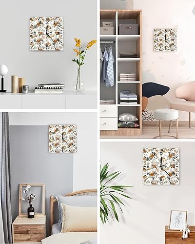 Miniatura 4 de Fall Wooden Wall Clock Silent Non Ticking, Brown Orange Flower Autumn Eucalyptus Leaves Square Wall Clock Battery Operated, Decor Clock for Home