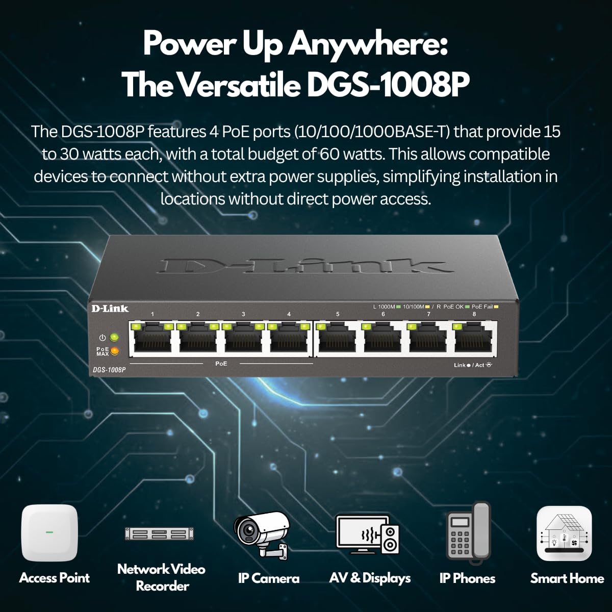 D-Link DGS-1008P 8-Port Gigabit Unmanaged Desktop PoE Switch, 80W Power Budget, Metall, Lüfterlos