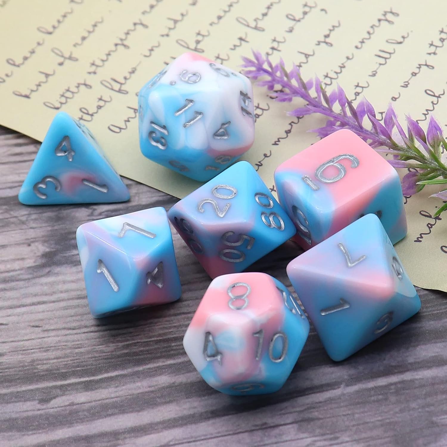 PJOY DND Dice Set 7PCS Blue Pink White D&D Polyhedral Dice with Velvet Dice Bag for Role Playing Dice Games Compatible with Dungeons and Dragons (Pastel Paradise)