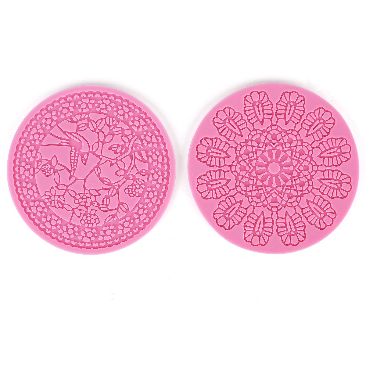 2X Round Shape Lace Effect Embossing Soft Silicone Mold Mould Sugar Craft Icing Cake Cupcake Toppers Fondant Decorating Tool Floral Flower Bird Pattern #HW894