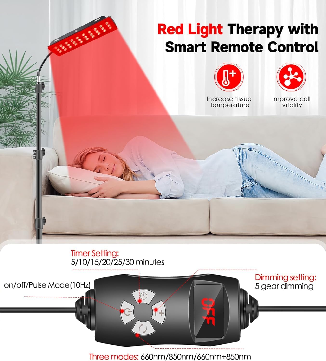 Lámpara de terapia de luz roja de cuerpo completo, soporte ajustable para uso doméstico con temporizador de 30 LED, 660 nm/850 nm/660 + 850 nm, terapia dual, 5 niveles de brillo ajustable, 3 modos