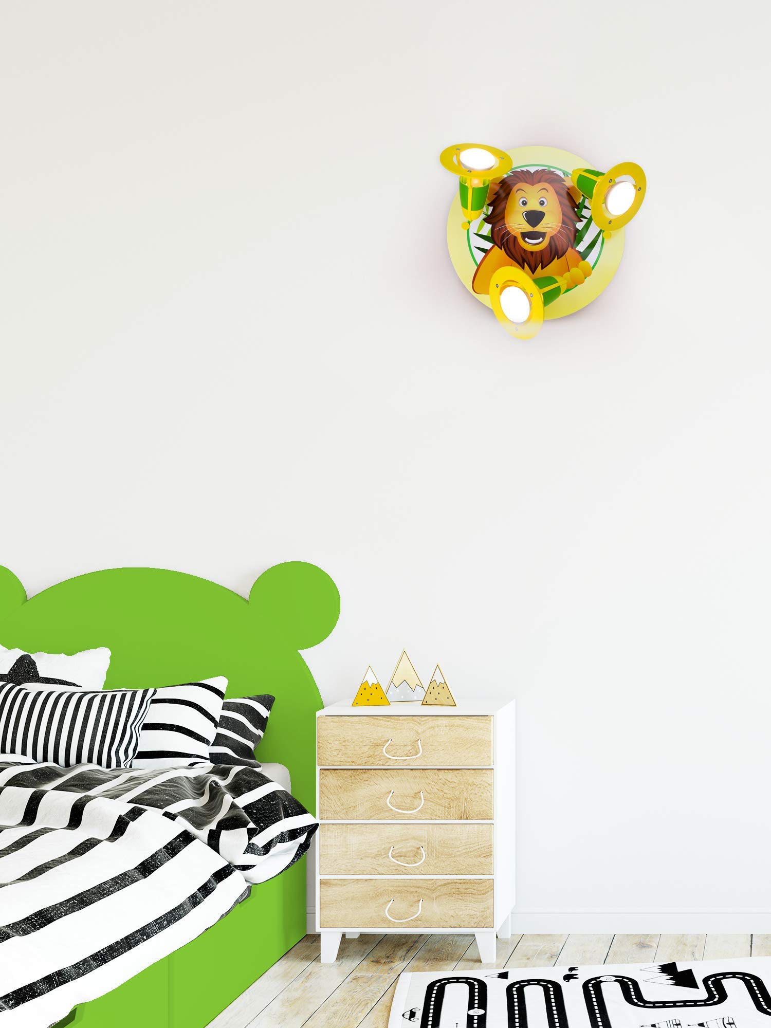 Elobra Deckenlampe Löwe, Tier Lampe für Kinder, Jungen oder Mädchen Lampe, 3 schwenkbaren Spots mit E14 Fassung, Grün, Gelb
