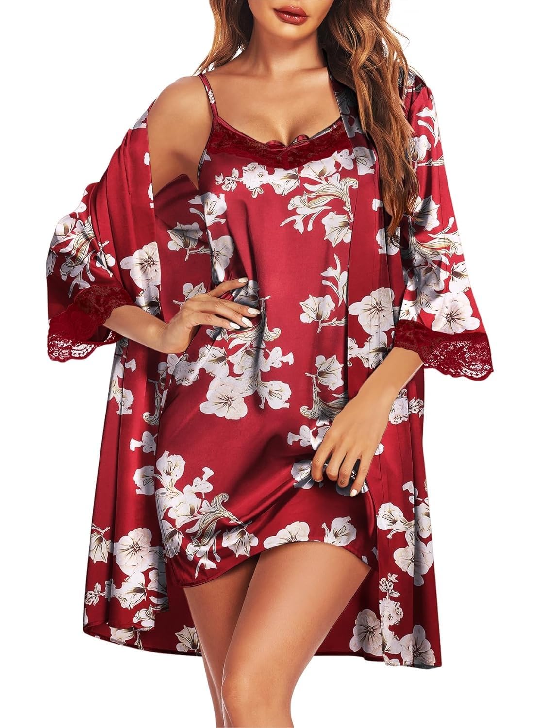 Women's Floral Print Satin Nighty with Robe Set | Soft Silky Sleepwear Lingerie Nightdress | Adjustable Strap Chemise & Matching Kimono Robe | Comfortable Nightwear for Women | Maroon-image-16