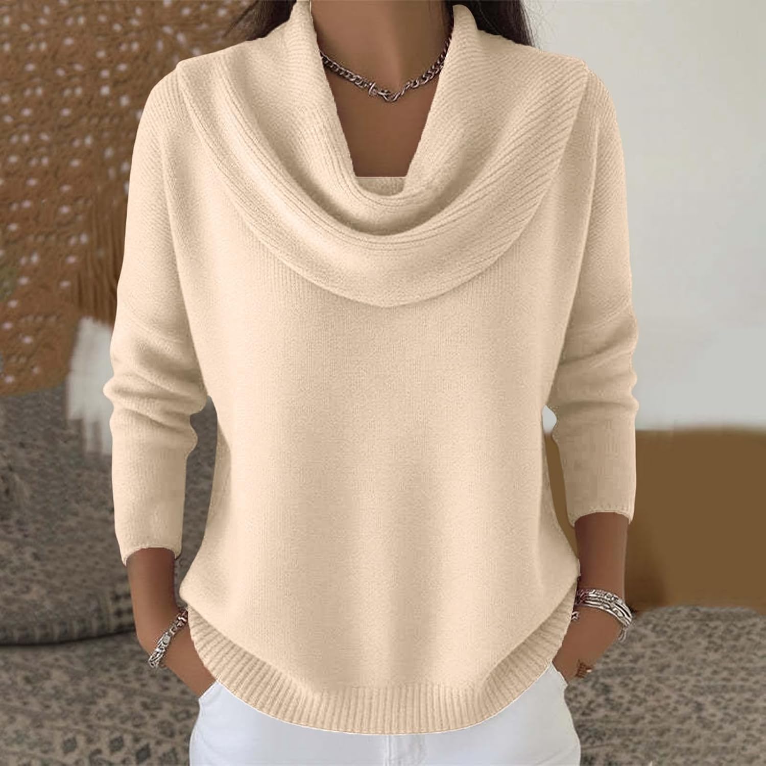 Cowl Neck Sweaters for Women Fall Winter Lightweight Long Sleeve Sweater Casual Loose Basic Knit Pullover Tops - Image 2