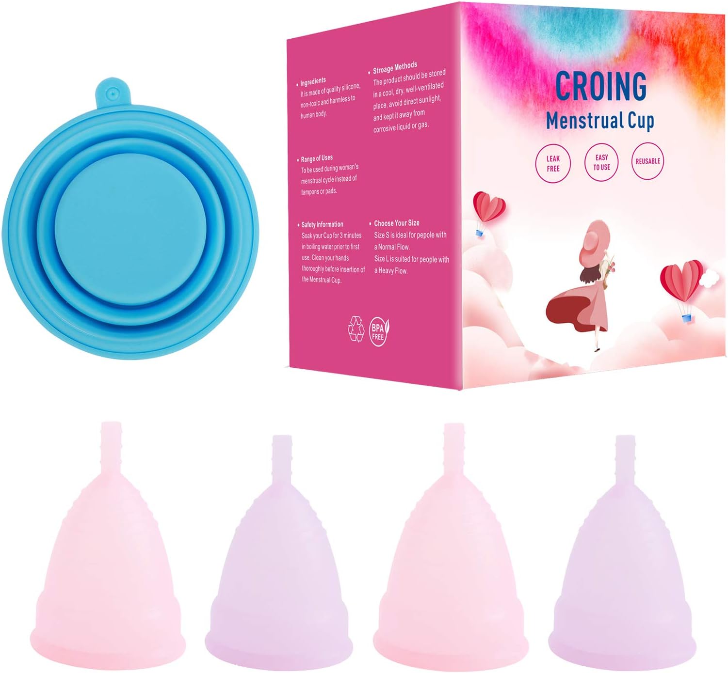CROING Menstrual Cups Set of 4 with 1 pc Collapsible Silicone Cup Which for Sterilizing and Storing Menstrual Cups