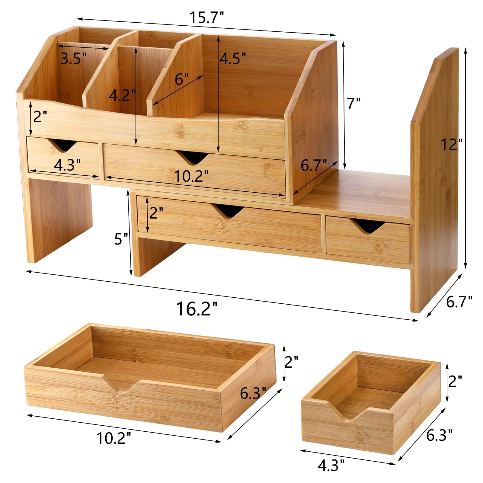 Lawei Schreibtisch-Organizer aus Bambus mit verstellbarem Aktenhalter, Mini-Schreibtischschublade, Tisch-Organisationsbox mit 4 Schubladen für Make-up, Briefe, Stifte, Heimbürobedarf, Schminktisch, 3