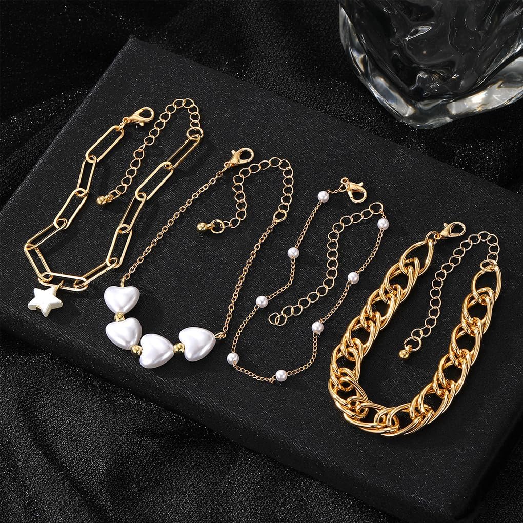 4 Pcs Gold Pearls Heart Bracelets Set for Women Stackable Cuban Link Chain Bangles Adjustable Paperclip Link Star Bracelets Jewelry Accessories - Image 5