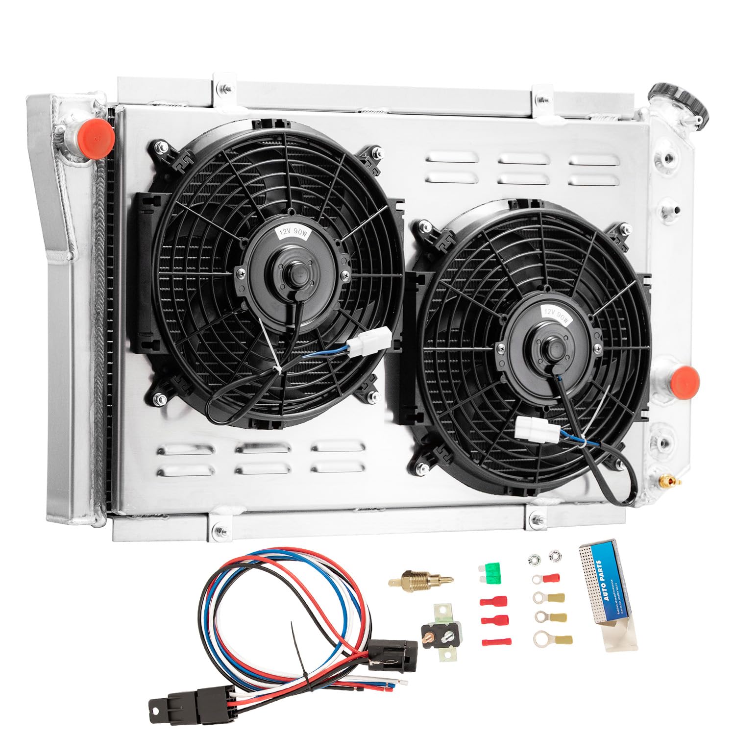 COOLINGBEST 3 Row Aluminum Radiator for 1984-1990 Chevy Corvette C4/ 1982-2002 S10 5.7 V8, Crossflow Radiators Electric Fan Shroud Thermostat Kit