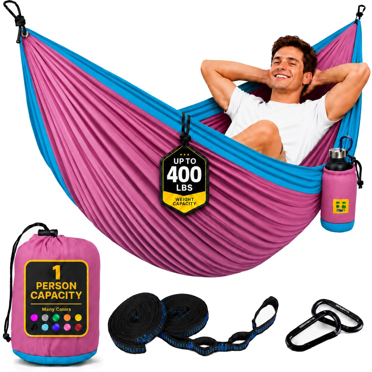 Durable Hammock 400 lb Capacity, Nylon Camping Hammock Chair - Double or Single Sizes w/Tree Straps and Attached Carry Bag - Portable for Travel/Backpacking/Beach/Backyard (Medium, Fuchsia &amp; Sky Blue)