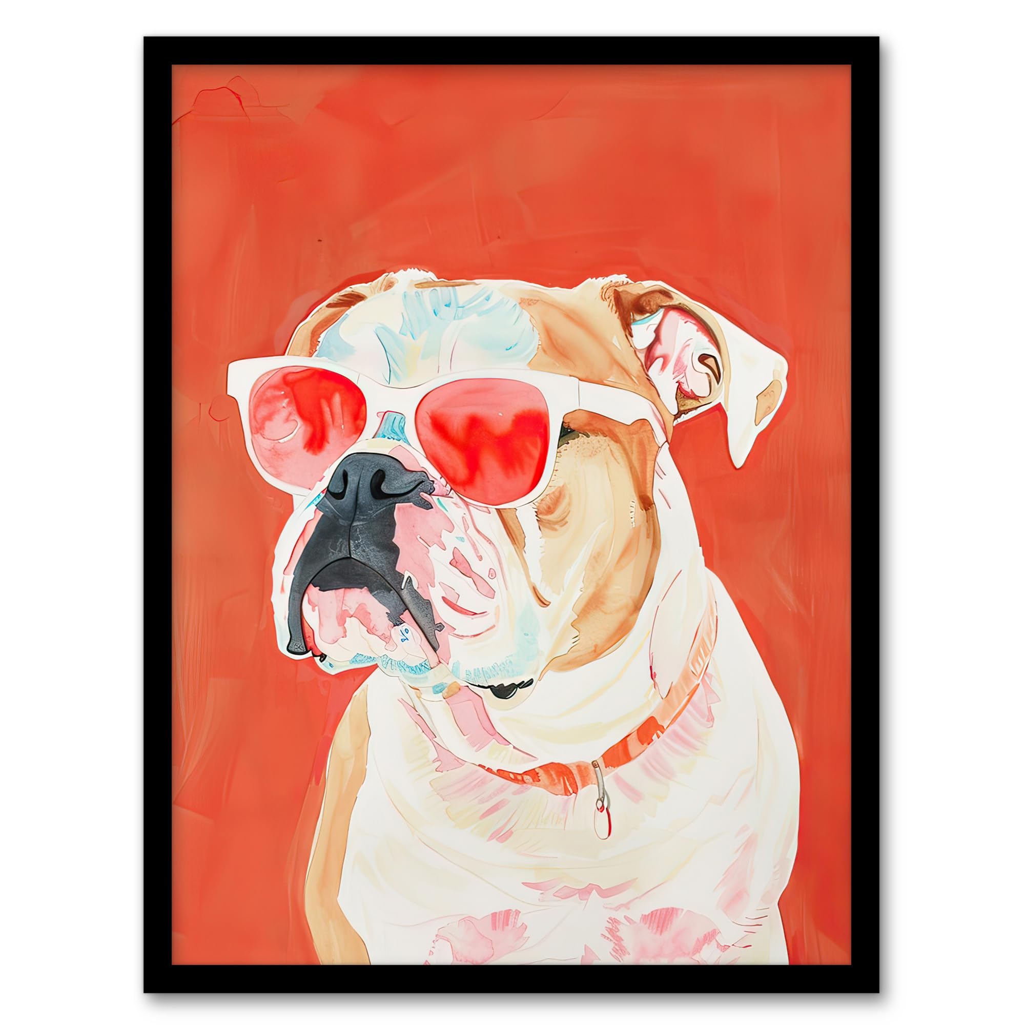 Artery8 Dog Lover English Bulldog Sunglasses Pop Art Red Living Room Artwork Framed Wall Art Print A4