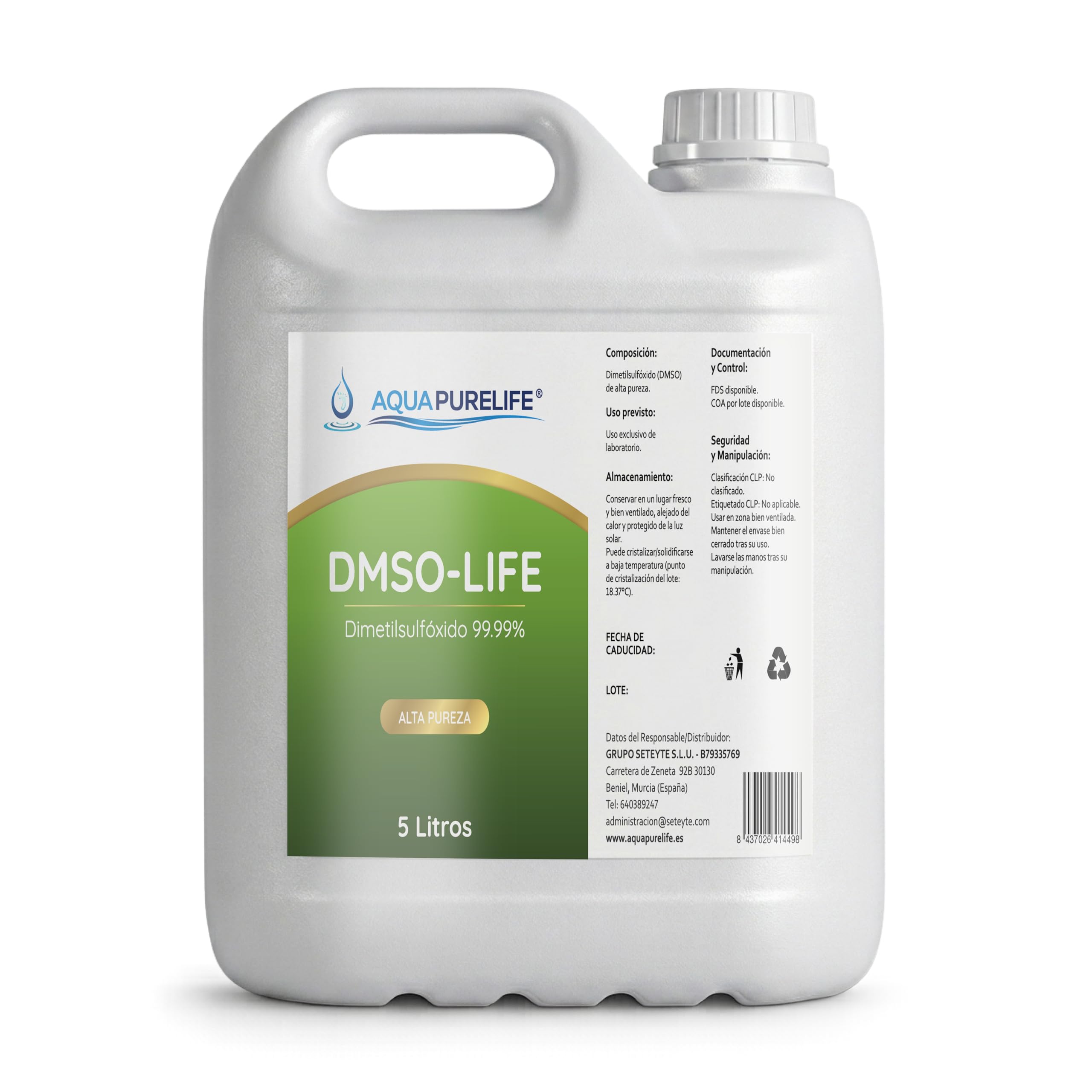 AGUAPURELIFE DMSO 99.9 Pure HDPE Kanister, hochwertiges Dimethylsulfoxid, ideal zum Mischen und Verdünnen, Format 5 Liter