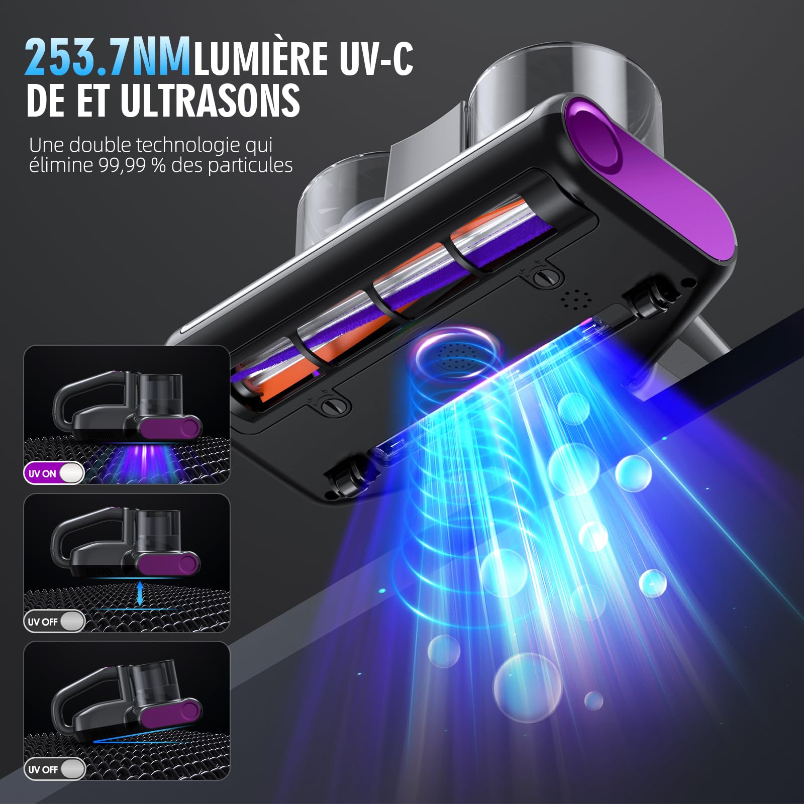 Aspirateur Anti Acariens Matelas avec Lumière UV-C de 253,7nm Aspirateur Lit 16Kpa Aspiration Ultrasons Chauffage Filtre HEPA Brosse Rotative Élimine des Allergènes 500W