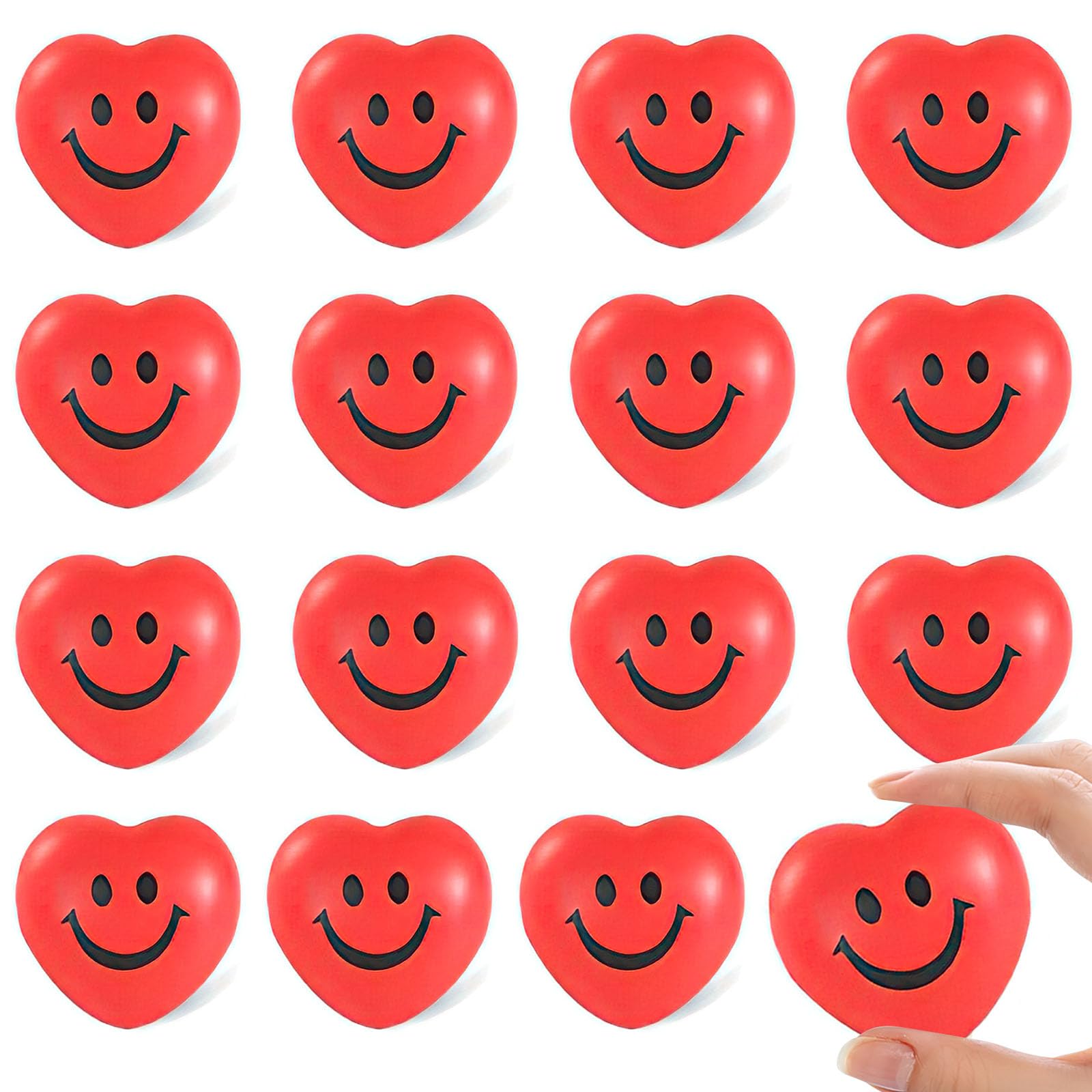 LovesTown 2.75 Inch Red Heart Stress Balls, 15 PCS Valentine's Day Foam Heart Shaped Smile Stress Relief Toys Face Squeeze Balls for Kids and Adults Party Favors Gifts Finger Exercise