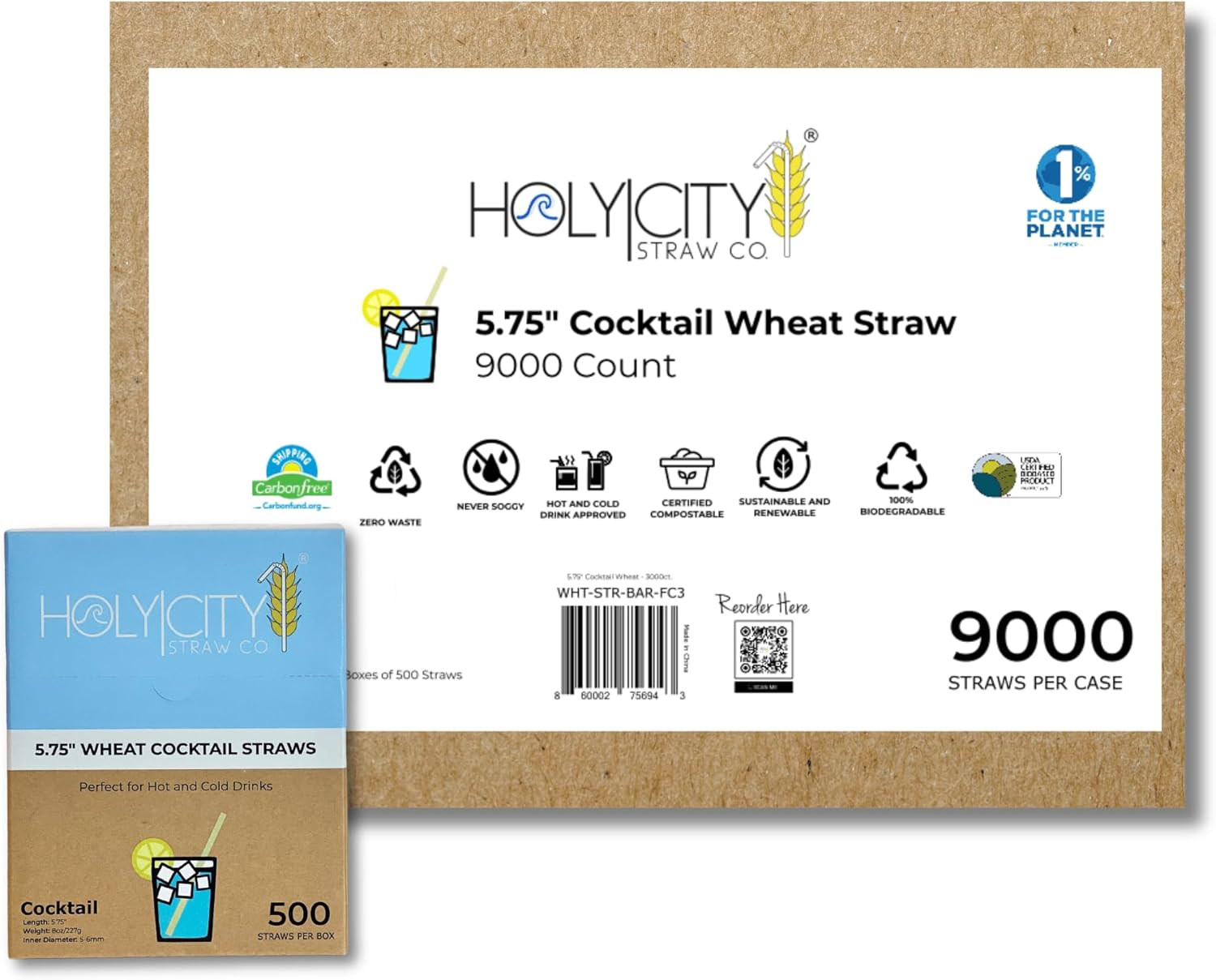 Premium Cocktail Wheat Stem Straws | 9000ct. | 5.75" | 100% Biodegradable, 100% Plant-Based, Never Soggy, Gluten-Free | Sustainable Alternative to Plastic & Bioplastic Straws