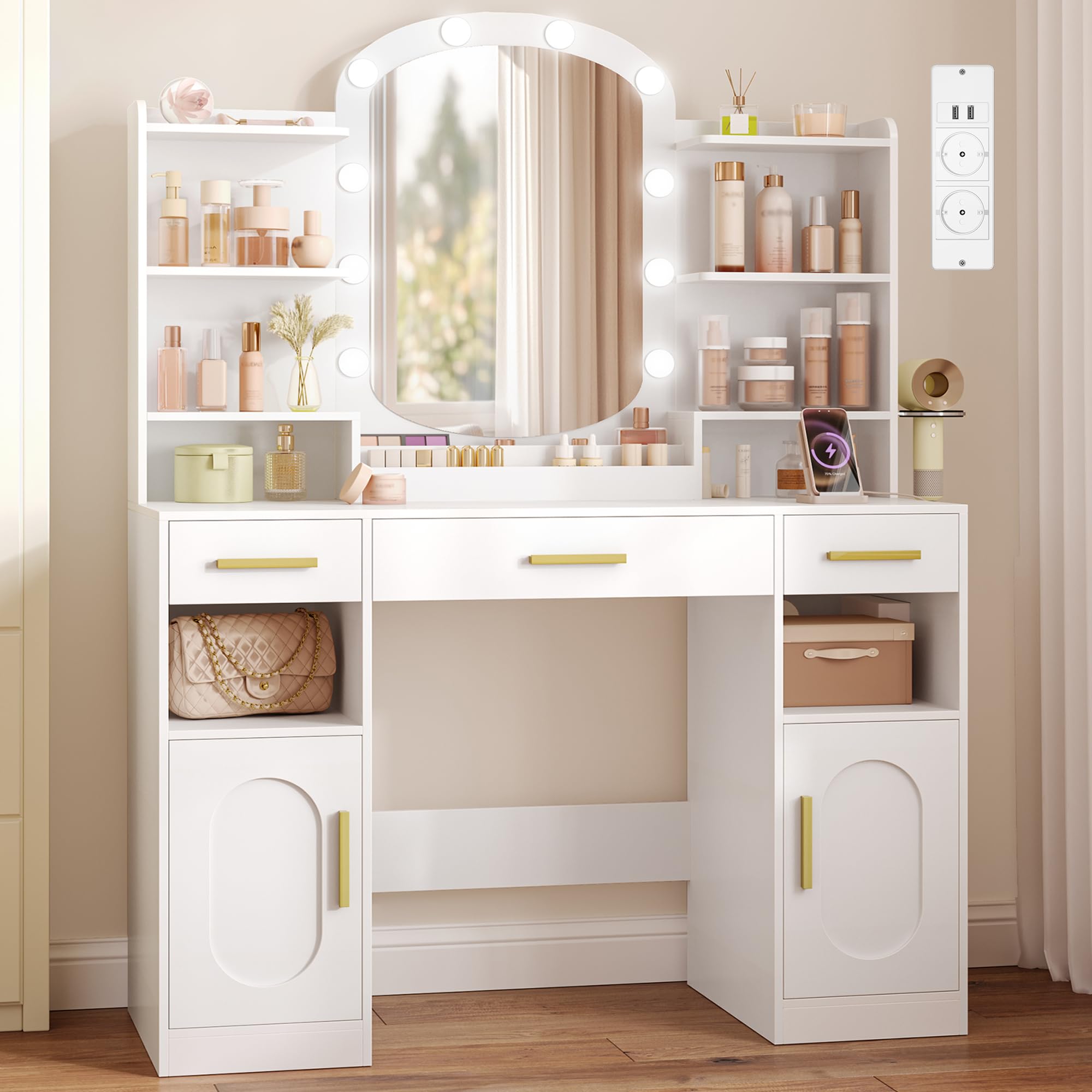 HEXCELEN 108cm Toeletta Trucco con Specchio Ovale, Bianco
